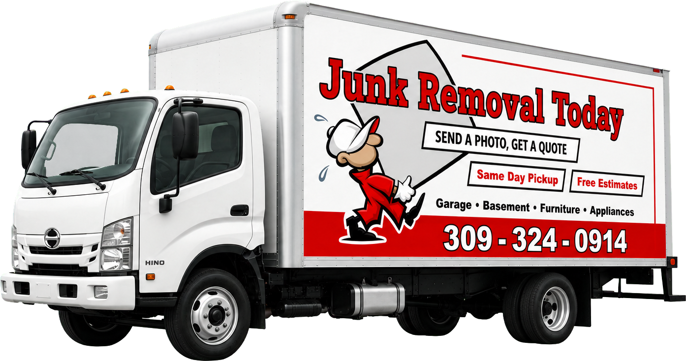 White JRT Junk Removal Today Hino box truck with phone number 309-324-0914