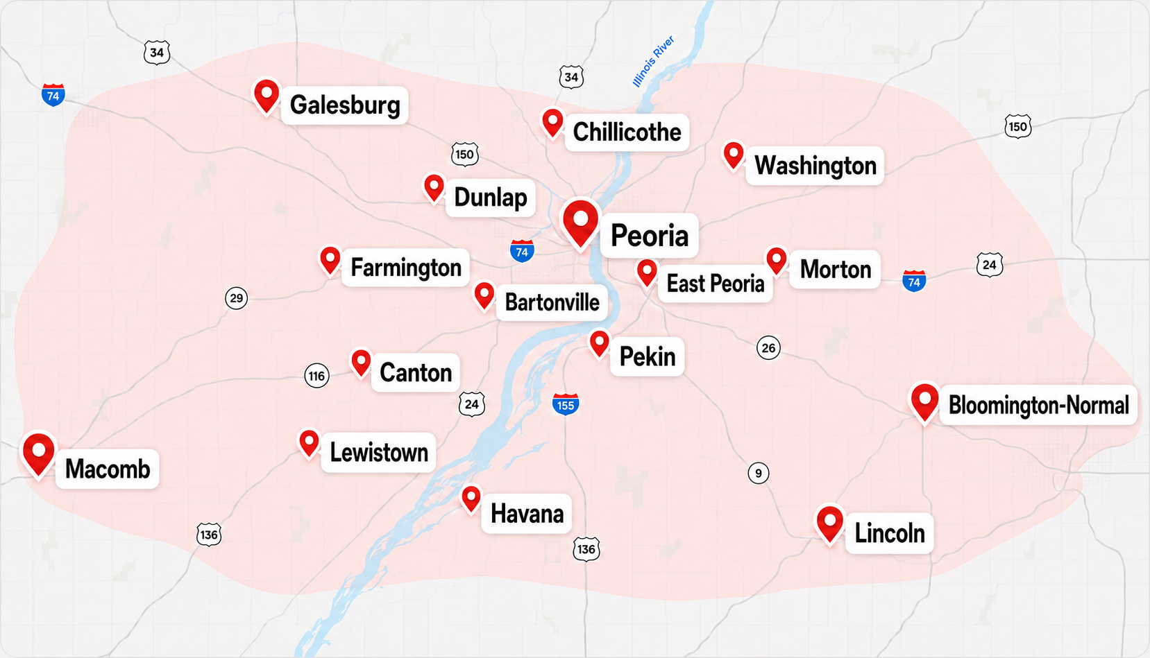 JRT service area map covering Peoria, Galesburg, Chillicothe, Dunlap, Washington, Morton, Bloomington-Normal, Lincoln, Havana, Lewistown, Macomb, Canton, Farmington, Bartonville, Pekin, and East Peoria